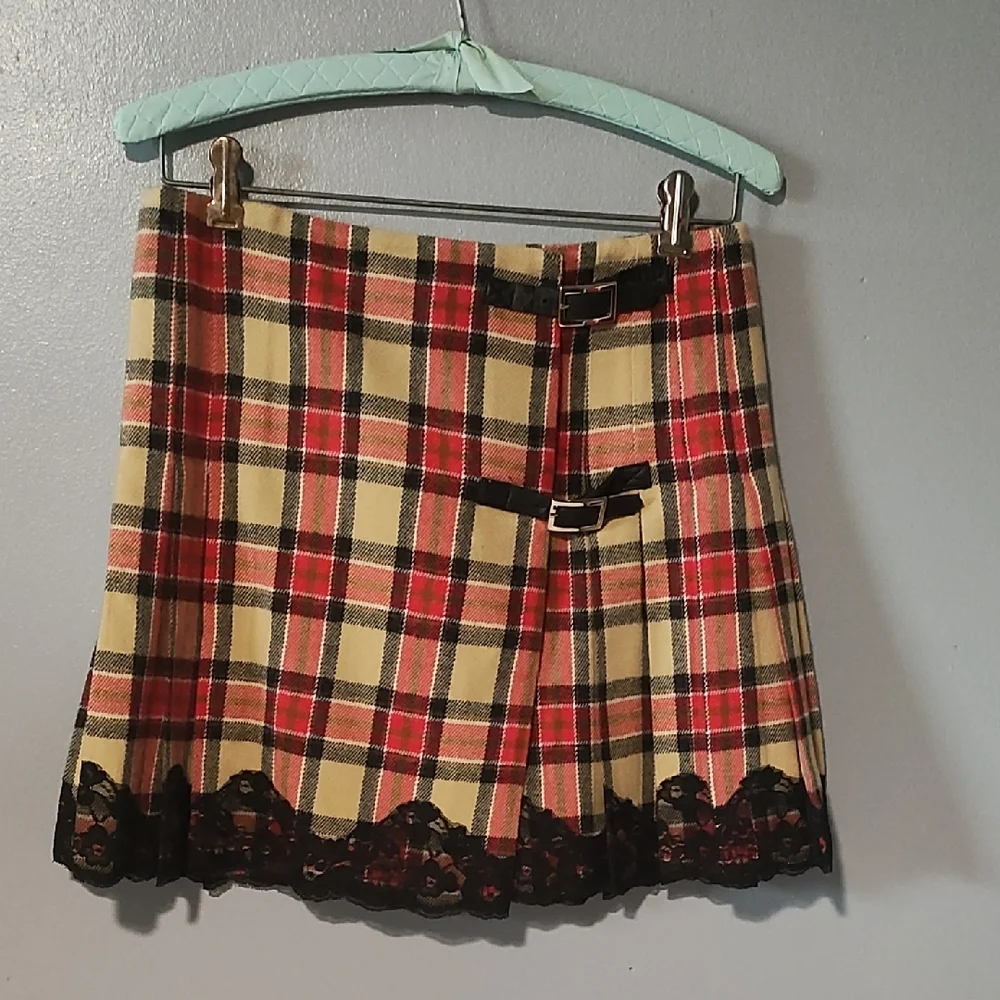 Moda International Red , Tan ,Black And White Pleated Plaid Mini Skirt